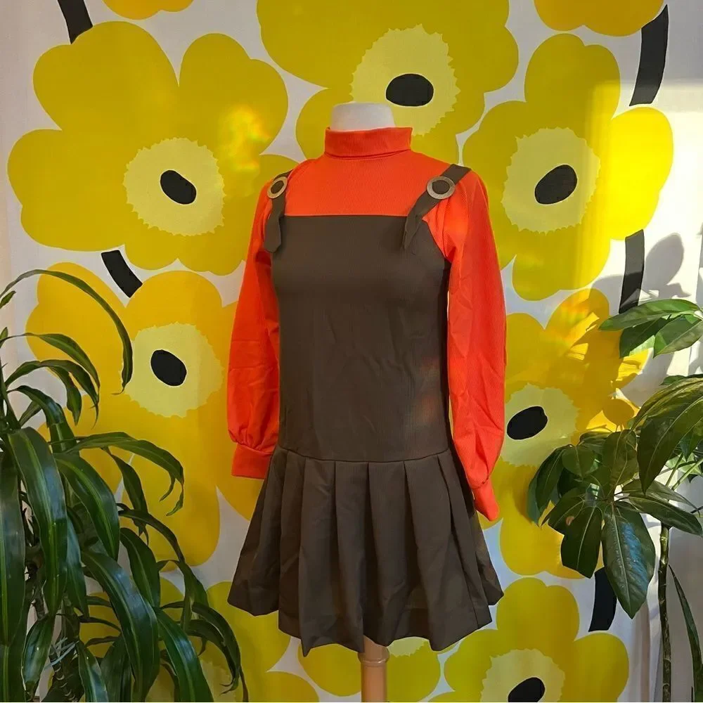 Vintage 1960s Unique Mock Neck Pinafore Twofer Pleated Balloon Gogo Dress